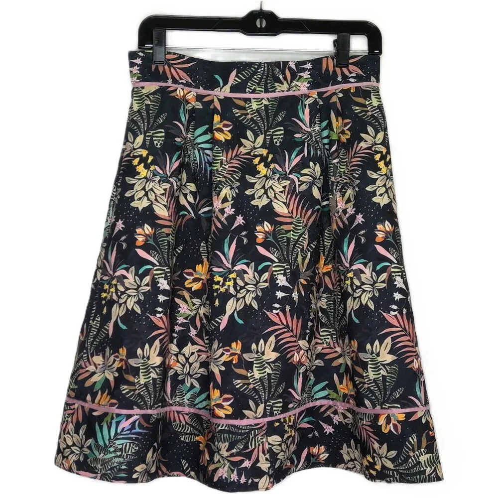 Lefon QUZU Black Skirt Colorful Floral Boho A-Line Soft Pleats Knee Length Sz 40
